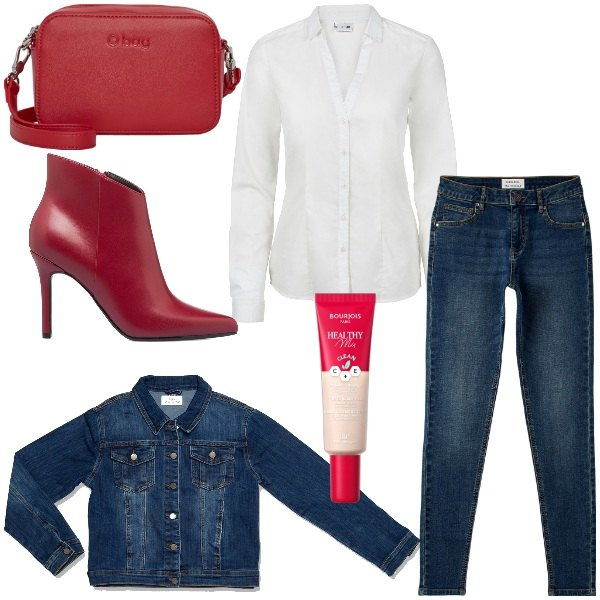Outfit donna - Pranzo con la mia migliore amica. Stile Trendy per Tutti i giorni. Abbinamento con camicie, fondotinta, jeans skinny, stivaletti, cappotti, borse a tracolla.