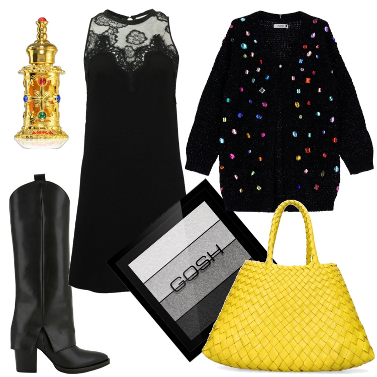 Outfit donna - All night long. Stile Trendy per Serata fuori. Abbinamento con vestiti corti, profumi, ombretti, cardigans, stivali, borse a mano.