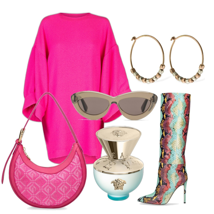 Outfit donna - Ghost outfitter - ottobre. Stile Trendy per Tutti i giorni. Abbinamento con profumi, vestiti corti, orecchini, borse a spalla, stivali, occhiali da sole.