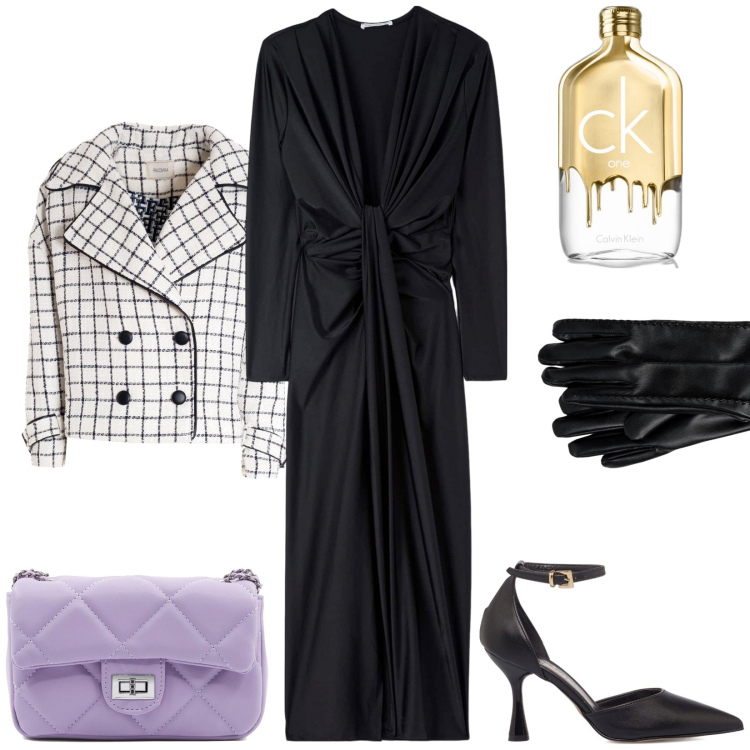 Outfit donna - Look Vestito lungo. Stile Romantica per Serata fuori. Abbinamento con profumi, vestiti, blazer, décolleté, borse a tracolla, guanti.
