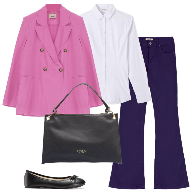 Outfit donna - Jeans e giacca. Stile Casual chic per Ufficio. Abbinamento con ballerine, camicie, giacche, pantaloni, borse a mano.