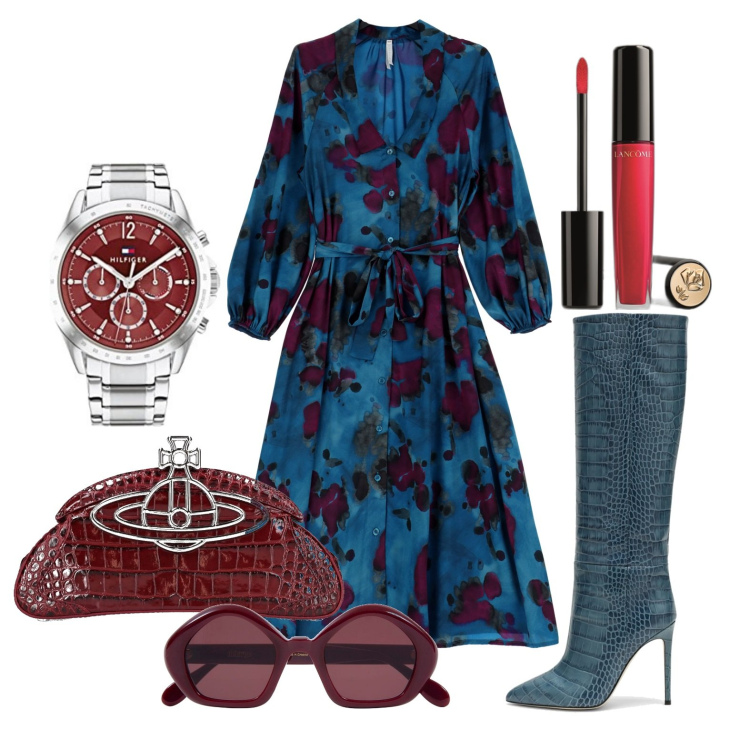 Outfit donna - Ghost outfitter - ottobre. Stile Trendy per Tutti i giorni. Abbinamento con gloss, vestiti midi/longuette, stivali, orologi analogici, pochette, occhiali da sole.