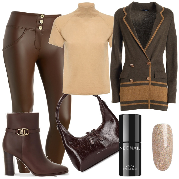 Outfit donna - Sportivo elegante. Stile Sporty chic per Tutti i giorni. Abbinamento con smalti, blazer, pantaloni skinny, stivaletti, maglieria, borse a mano.