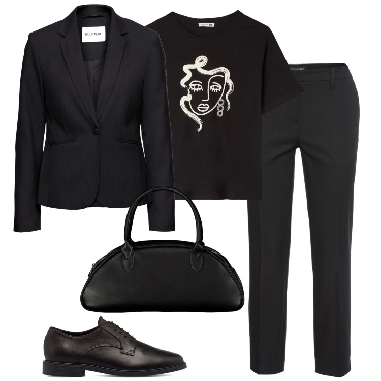Outfit donna - Curvy. Stile Casual chic per Ufficio. Abbinamento con pantaloni, blazer, t-shirt, scarpe stringate, borse a spalla.