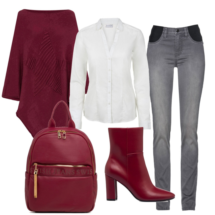 Outfit donna - In ufficio in bordeaux. Stile Glamour per Ufficio. Abbinamento con jeans, camicie, cappotti, stivaletti, zaini.