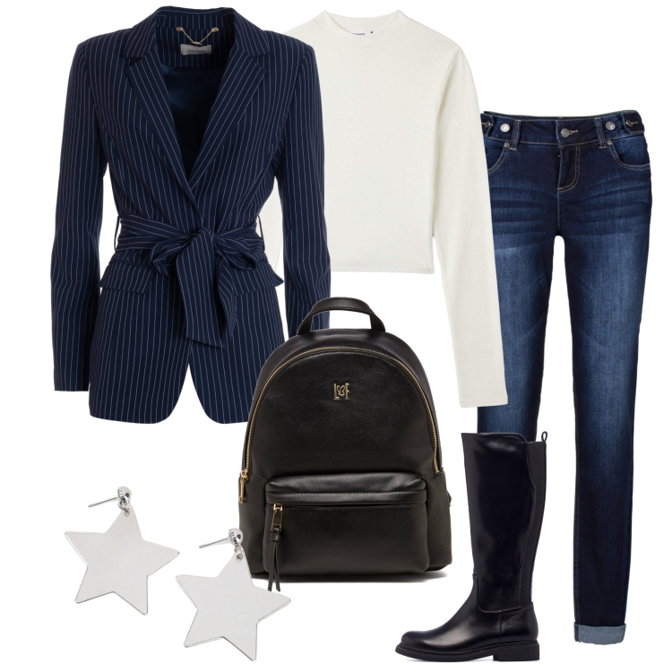 Outfit donna - Jeans e giacca. Stile Casual chic per Tutti i giorni. Abbinamento con jeans boyfriend, t-shirt, blazer, orecchini, stivali, zaini.