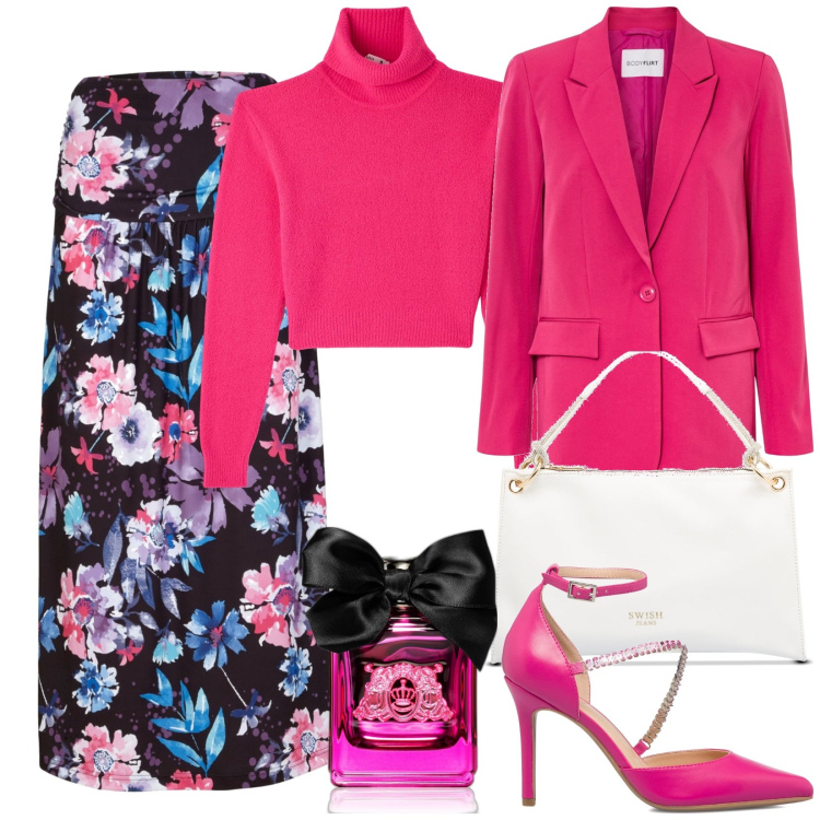 Outfit donna - Total look #1741447. Stile Trendy per Serata fuori. Abbinamento con gonne, blazer, maglieria, profumi, décolleté, borse a mano.