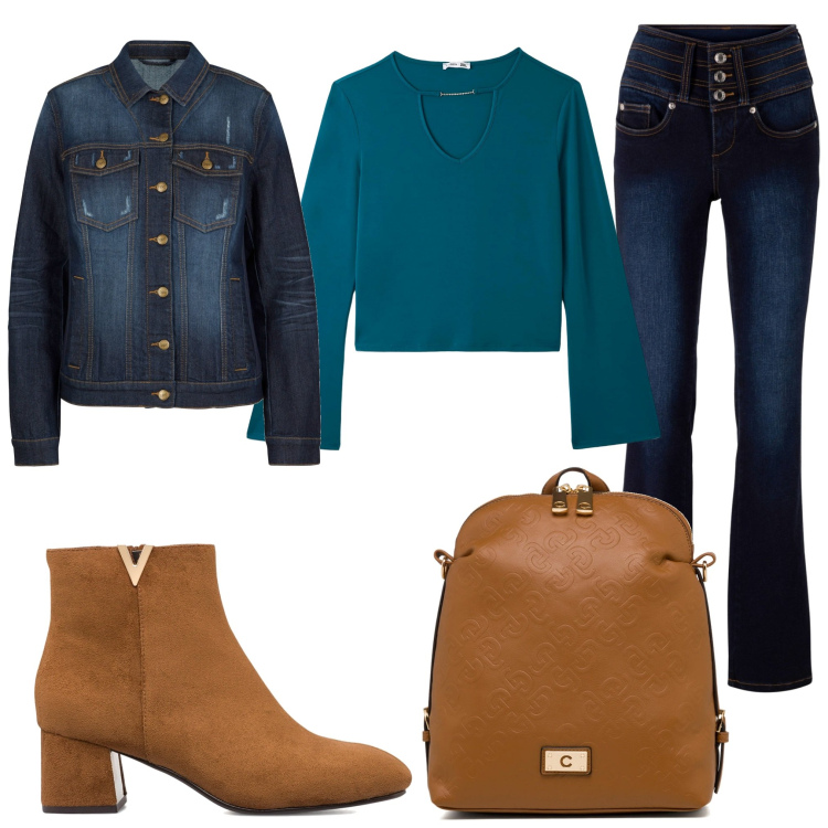Outfit donna - Total look #1741450. Stile Casual chic per Scuola/Università. Abbinamento con jeans bootcut, cappotti, t-shirt, stivaletti, zaini.