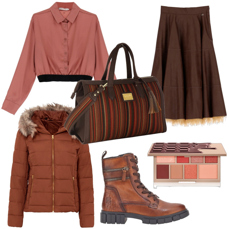 Outfit donna - Sfumature calde per l\'autunno. Stile Chic per Tutti i giorni. Abbinamento con giacche, ombretti, camicie, gonne longuette, anfibi, borse a mano.