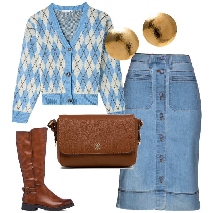 Outfit donna - La gonna di jeans. Stile Casual per Tutti i giorni. Abbinamento con gonne, cardigans, stivali, borse a tracolla, orecchini.