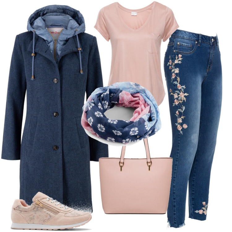 Outfit donna - Il cappotto e i jeans. Stile Sporty chic per Tutti i giorni. Abbinamento con jeans, cappotti, maglieria, sneakers, foulard, borse a spalla.