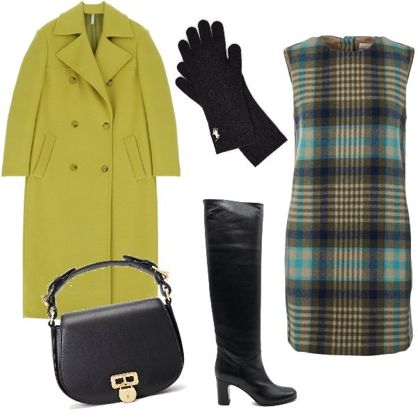 Outfit donna - Rimpatriata con un\'amica. Stile Chic per Tutti i giorni. Abbinamento con cappotti, borse a tracolla, guanti, vestiti, stivali.