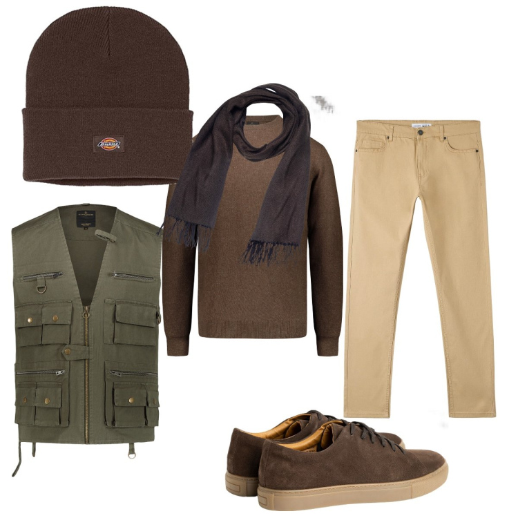 Outfit uomo - Total look #1741499. Stile Casual per Tutti i giorni. Abbinamento con gilet, maglieria, scarpe sportive, berretti, pantaloni skinny, sciarpe.
