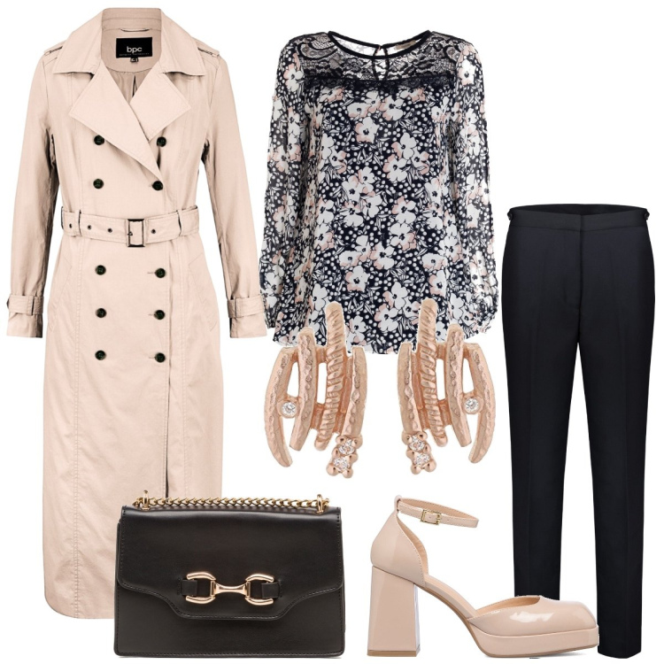 Outfit donna - Toni chic. Stile Chic per Tutti i giorni. Abbinamento con trench, bluse, décolleté, borse a tracolla, pantaloni, orecchini.