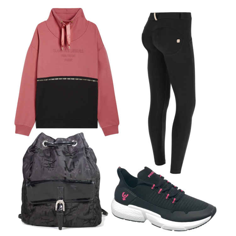 Outfit donna - Comoda e sportiva. Stile Sporty chic per Sport. Abbinamento con zaini, pantaloni skinny, felpe, sneakers.