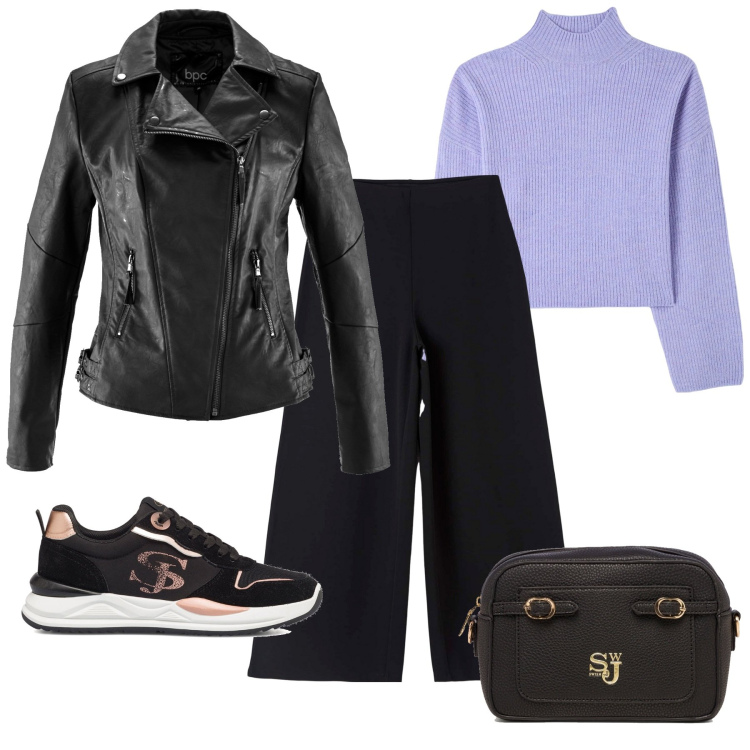 Outfit donna - A cena a casa della mia amica. Stile Basic per Tutti i giorni. Abbinamento con blazer, pantaloni culotte, maglieria, sneakers, borse a tracolla.