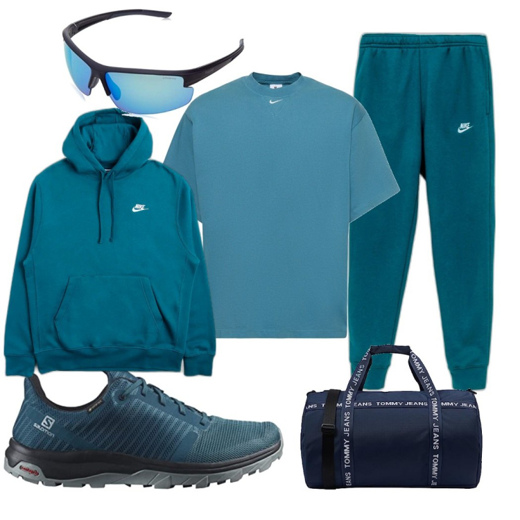 Outfit uomo - Un po' di sport. Stile Urban per Sport. Abbinamento con felpe con cappuccio, pantaloni, occhiali da sole, t-shirt, borse sportive, scarpe sportive.