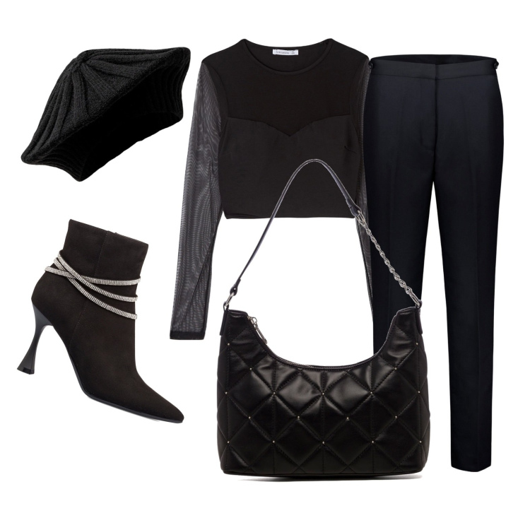 Outfit donna - Total look #1741597. Stile Chic per Serata fuori. Abbinamento con t-shirt, stivaletti, borse a spalla, pantaloni, cappelli e berretti.