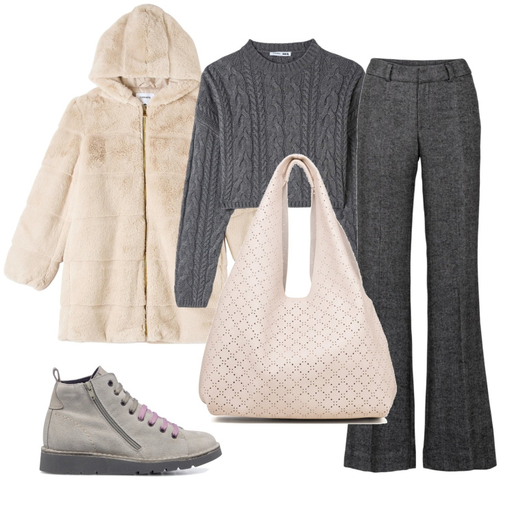 Outfit donna - Total look #1741601. Stile Casual per Tutti i giorni. Abbinamento con pantaloni a palazzo, maglieria, ecopellicce, stivaletti, borse a spalla.