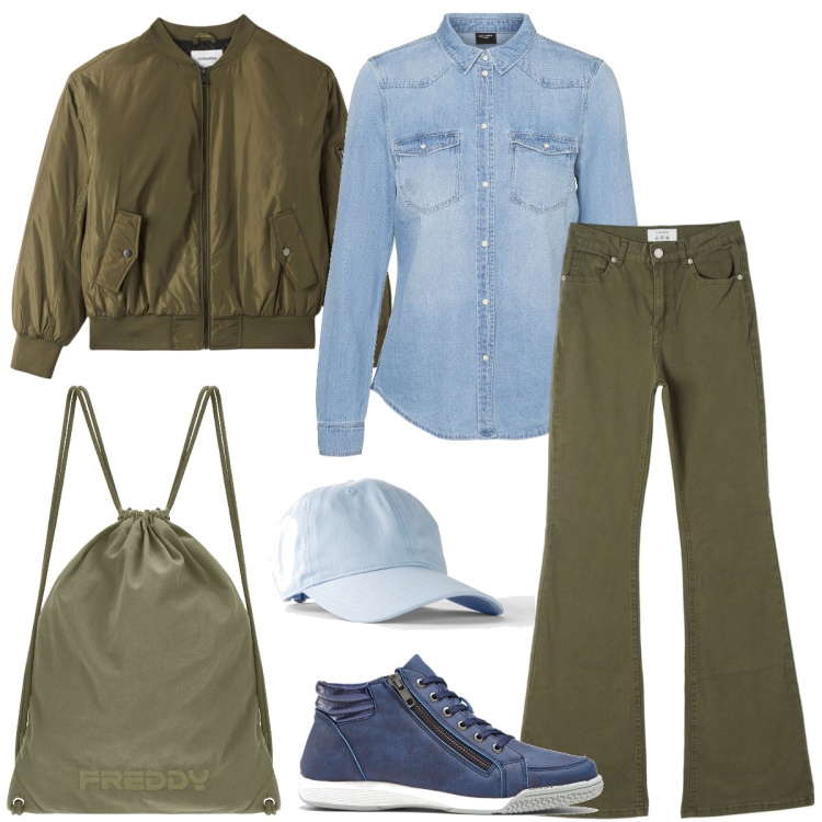 Outfit donna - Scuola. Stile Casual per Scuola/Università. Abbinamento con sneakers alte, cappelli con visiera, pantaloni, bomber, zaini, camicie.