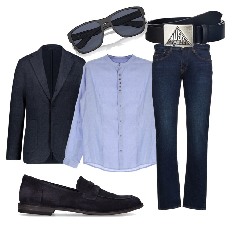 Outfit uomo - New age. Stile Business/Elegante per Cerimonia. Abbinamento con camicie, giacche, jeans slim fit, cinture, occhiali da sole, scarpe stringate.