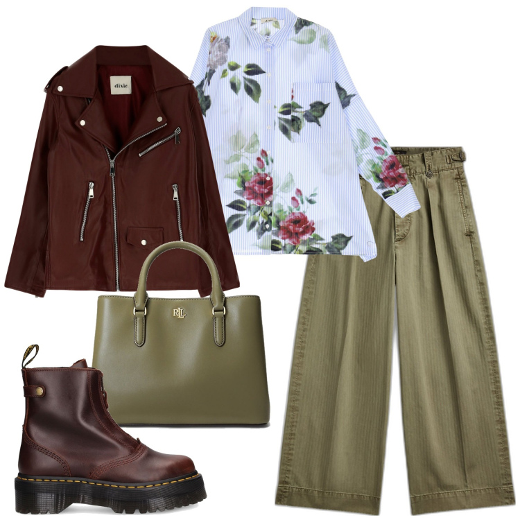 Outfit donna - Le rose d\'autunno. Stile Casual chic per Tutti i giorni. Abbinamento con pantaloni, borse a mano, camicie, giacche, stivaletti.