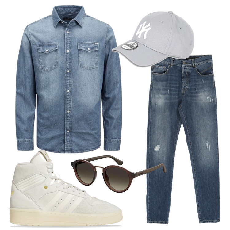 Outfit uomo - Sneakers bianche. Stile Casual per Tutti i giorni. Abbinamento con jeans dritti, camicie, cappelli con visiera, occhiali da sole, sneakers.
