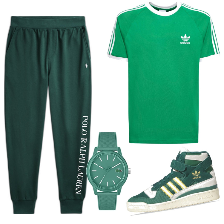 Outfit uomo - Scelta green. Stile Casual per Tutti i giorni. Abbinamento con pantaloni, orologi analogici, t-shirt, sneakers alte.