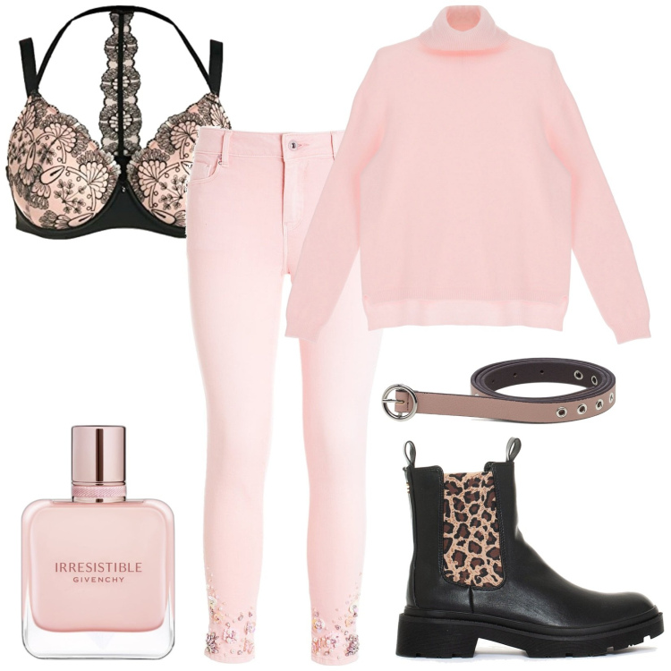 Outfit donna - Total look #1741696. Stile Casual per Tutti i giorni. Abbinamento con profumi, jeans skinny, stivali sopra il ginocchio, maglieria, cinture, reggiseni.