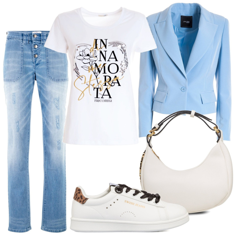 Outfit donna - Total look #1741698. Stile Casual per Tutti i giorni. Abbinamento con jeans boyfriend, t-shirt, blazer, borse a mano, sneakers.