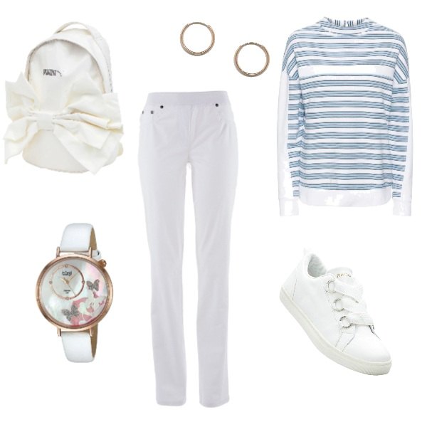 Outfit donna - Urban #7300. Stile Basic per Ufficio. Abbinamento con pantaloni sportivi, felpa a righe bianco, maglieria, borsa, orologio analogico bianco, orecchini a scatto in denim oro.