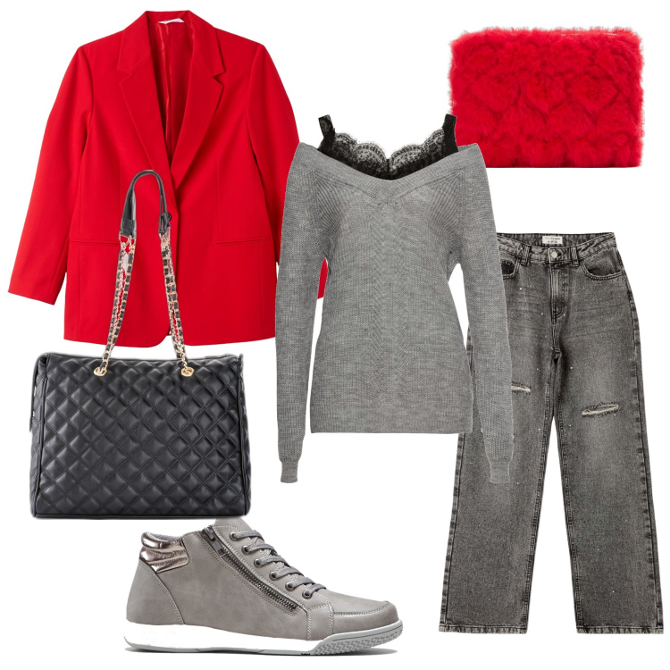 Outfit donna - Un abbinamento classico. Stile Casual chic per Ufficio. Abbinamento con sneakers alte, maglieria, shopping bag, jeans strappati, portafogli, blazer.