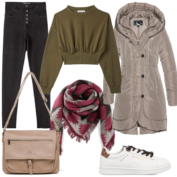 Outfit donna - Due passi in collina. Stile Casual per Tutti i giorni. Abbinamento con blazer, foulard, felpe, jeans skinny, sneakers, borse a tracolla.