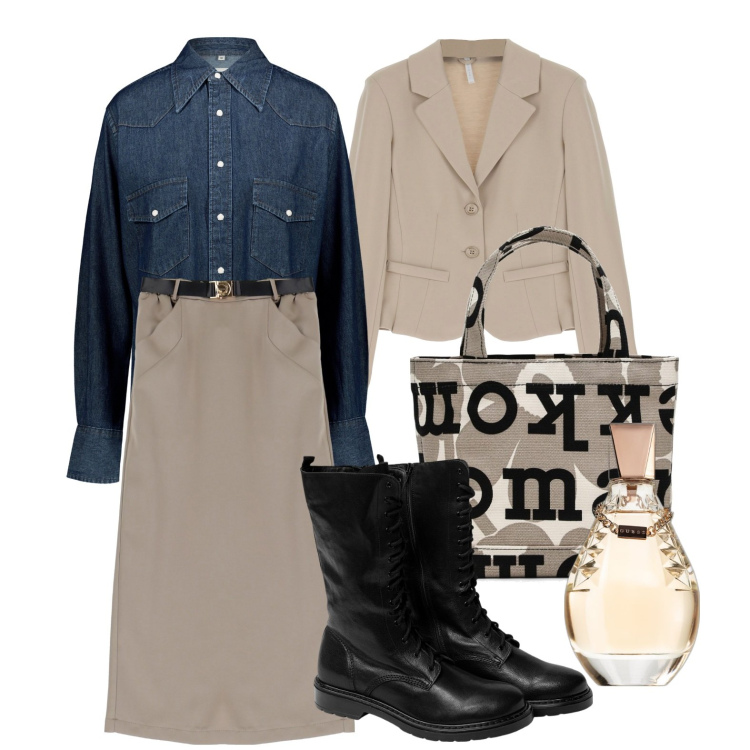 Outfit donna - Ghost outfitter - ottobre. Stile Casual chic per Ufficio. Abbinamento con profumi, gonne longuette, cappotti, camicie, stivaletti, borse tote.