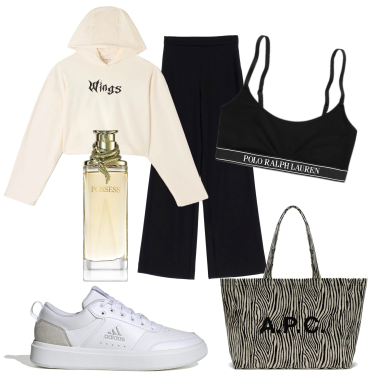 Outfit donna - Giorno comodo. Stile Urban per Tutti i giorni. Abbinamento con profumi, felpe con cappuccio, pantaloni a palazzo, canottiere, sneakers, shopping bag.