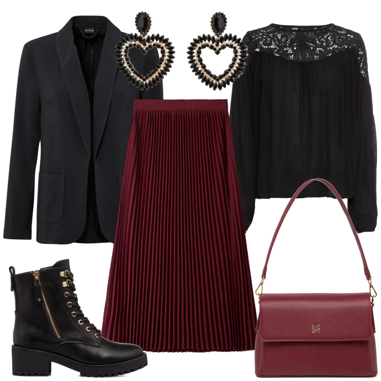 Outfit donna - Mix di stile. Stile Casual chic per Tutti i giorni. Abbinamento con tuniche, blazer, gonne longuette, orecchini, anfibi, borse a tracolla.
