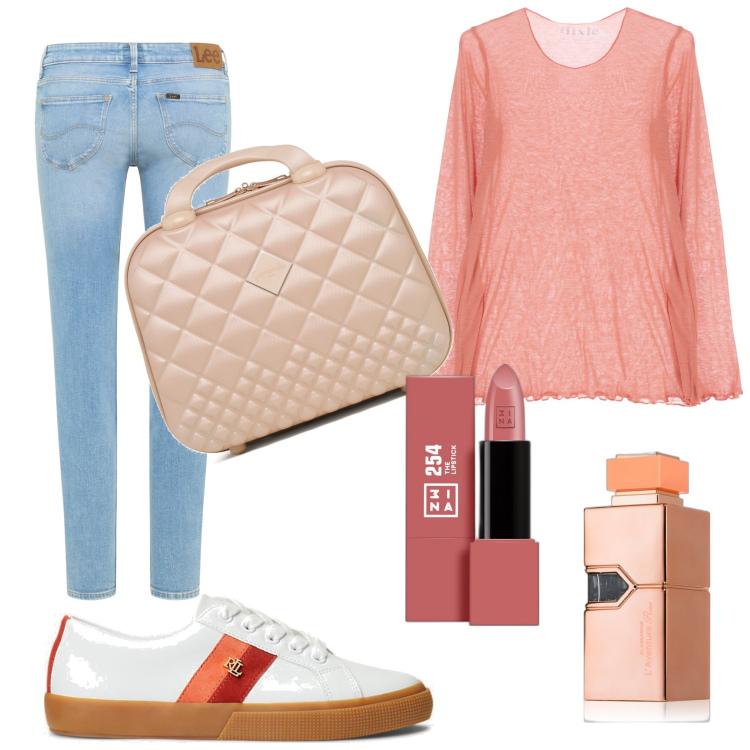 Outfit donna - Il mio beauty case. Stile Casual per Tutti i giorni. Abbinamento con rossetti, profumi, jeans skinny, valigie, sneakers, maglieria.