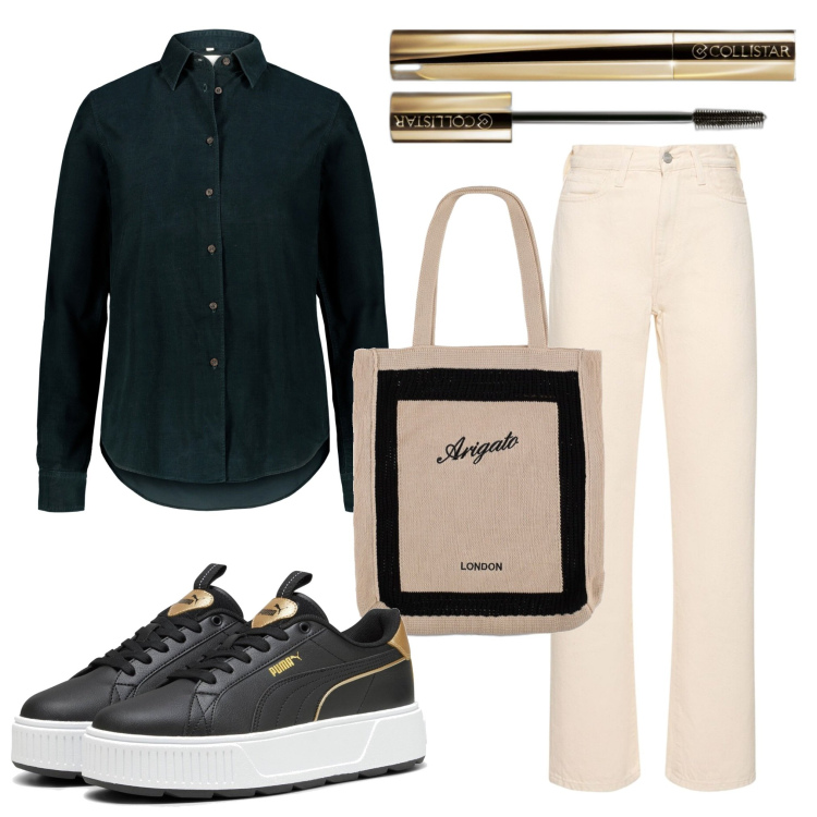 Outfit donna - Total look #1741790. Stile Urban per Tutti i giorni. Abbinamento con mascara, sneakers, jeans dritti, shopping bag, camicie.