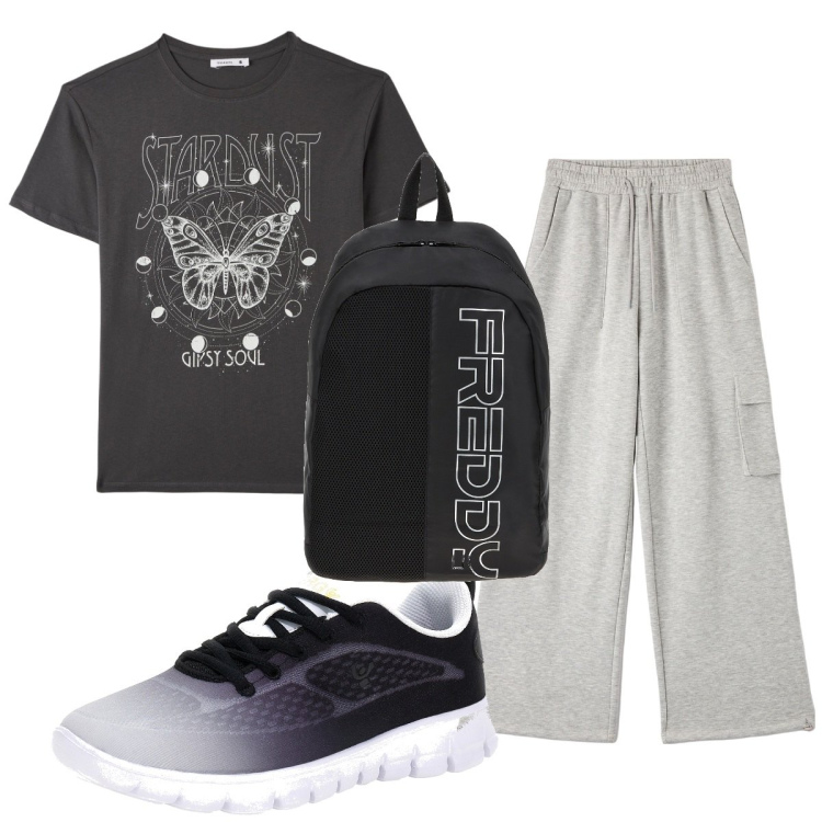 Outfit donna - Total look #1741797. Stile Basic per Sport. Abbinamento con t-shirt, pantaloni, zaini, sneakers alte.