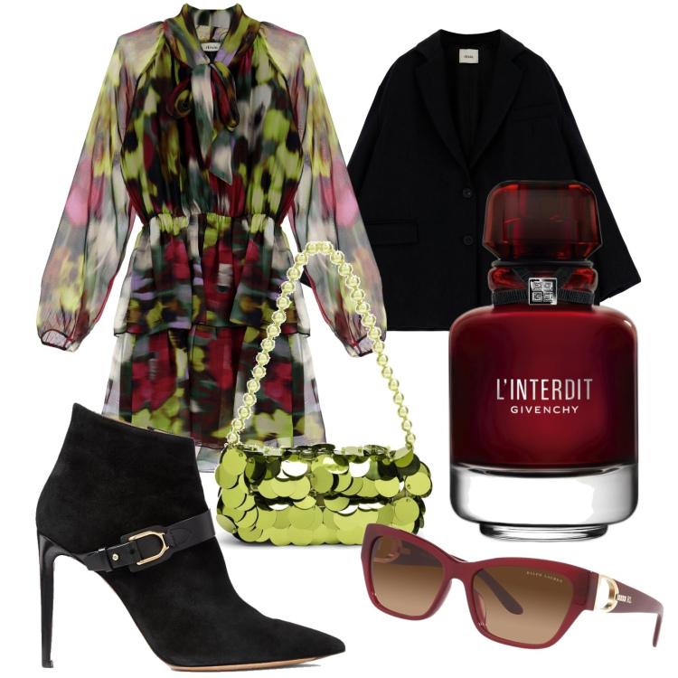 Outfit donna - Acida per Magentaverse. Stile Glamour per Tutti i giorni. Abbinamento con profumi, vestiti corti, giacche, occhiali da sole, stivaletti, borse a mano.
