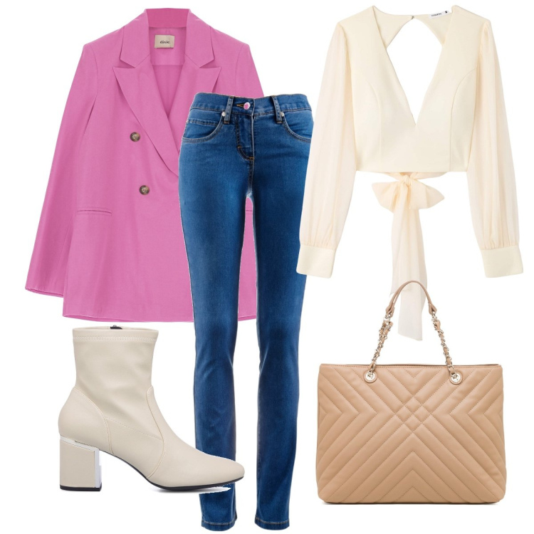 Outfit donna - Gli stivaletti bianchi. Stile Casual chic per Ufficio. Abbinamento con jeans dritti, bluse, giacche, stivaletti, borse a spalla.