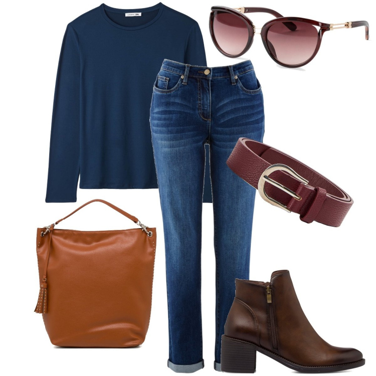 Outfit donna - Basic con gli stivaletti. Stile Basic per Ufficio. Abbinamento con jeans boyfriend, occhiali da sole, t-shirt, cinture, stivaletti, zaini.