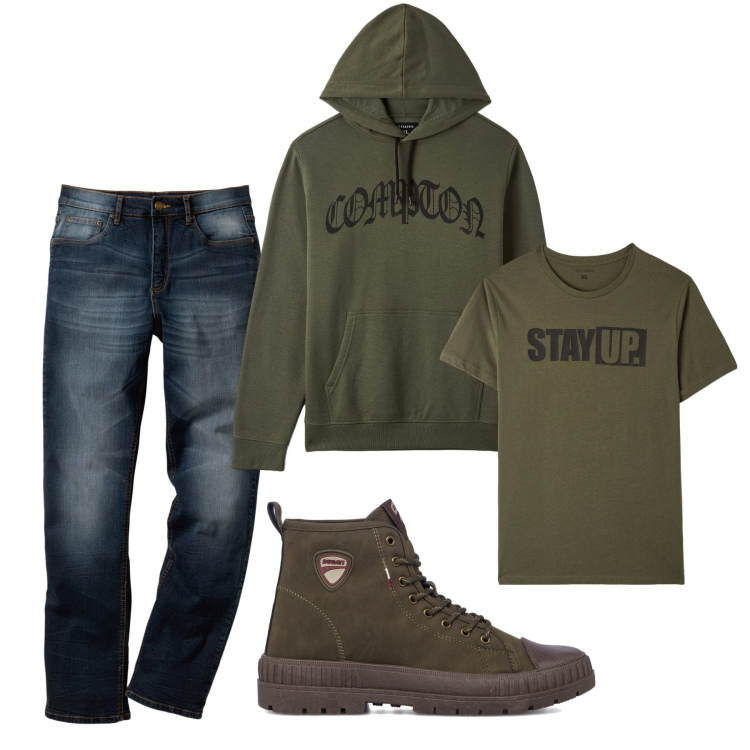 Outfit uomo - Muschio sui jeans. Stile Casual per Tutti i giorni. Abbinamento con jeans dritti, felpe con cappuccio, t-shirt, sneakers alte.