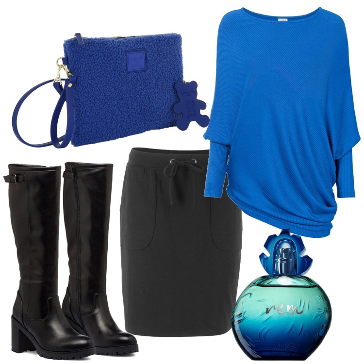 Outfit donna - Pranzo in centro. Stile Trendy per Tutti i giorni. Abbinamento con gonne, maglieria, profumi, stivali sopra il ginocchio, borse a tracolla.