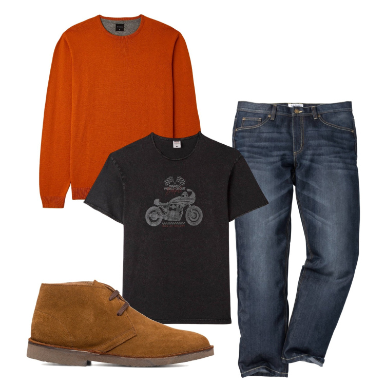 Outfit uomo - Orange. Stile Casual per Tutti i giorni. Abbinamento con jeans dritti, maglieria, t-shirt, stivali e stivaletti.