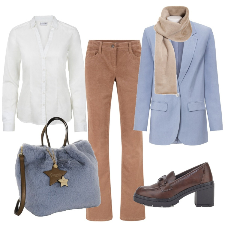 Outfit donna - Camicia bianca e blazer pastello. Stile Mannish per Ufficio. Abbinamento con pantaloni, camicie, blazer, foulard, mocassini, borse a mano.