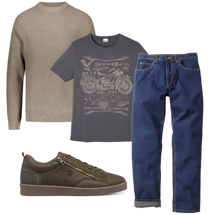 Outfit uomo - Niente a caso. Stile Casual per Tutti i giorni. Abbinamento con t-shirt, jeans dritti, sneakers, maglieria.