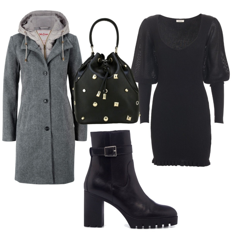 Outfit donna - Total look #1741922. Stile Trendy per Tutti i giorni. Abbinamento con cappotti, vestiti, borse a secchiello, stivaletti.
