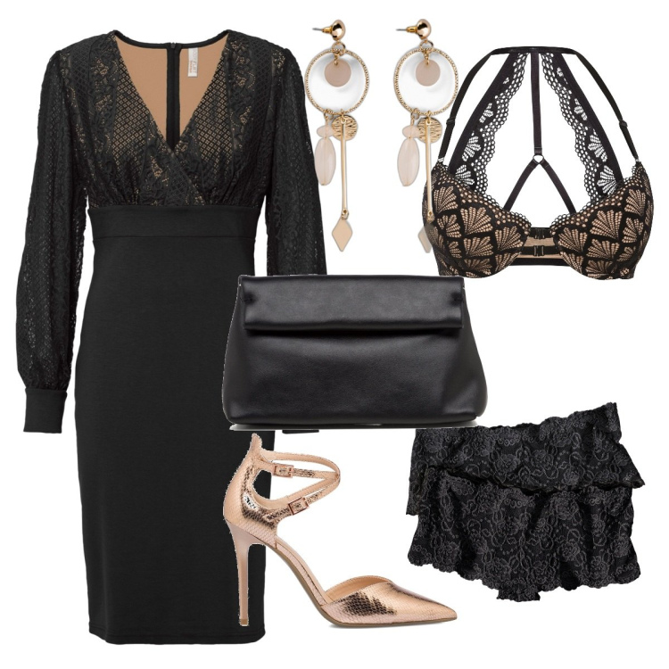Outfit donna - Pizzo seducente. Stile Sexy per Serata fuori. Abbinamento con culotte, orecchini, vestiti, reggiseni, décolleté, borse a tracolla.