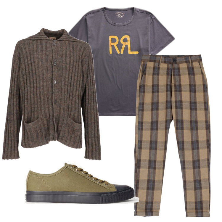Outfit uomo - Il sabato a casa. Stile Casual per Tutti i giorni. Abbinamento con cardigans, pantaloni, t-shirt, sneakers.